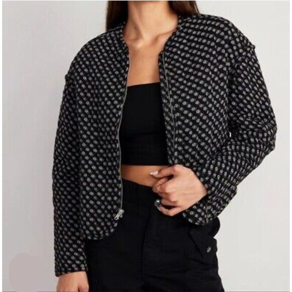Old Navy Quilted Bomber Jacket Women's XXL Black Geo Relaxed Fit Artsy Lagen NEW - Picture 1 of 8